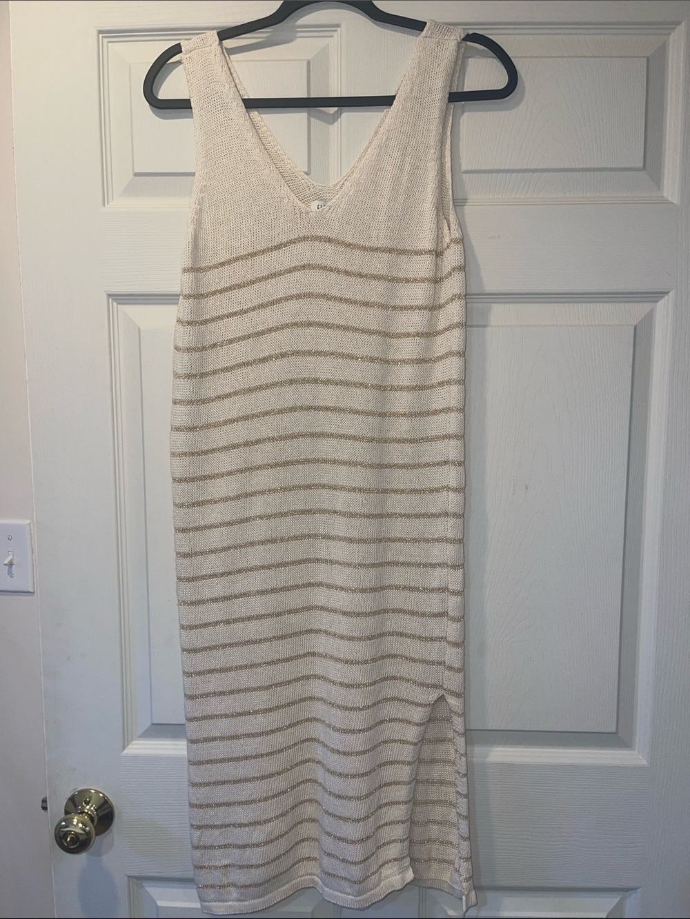 Floris Italian Sleeveless Cream Knit Midi Dress with Metallic Stripes S/M